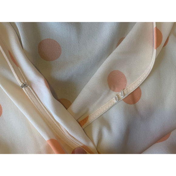 Lauren Conrad Dress Large White Peach Polka Dots Faux Wrap MIDI Flutter Sleeves - Picture 5 of 11